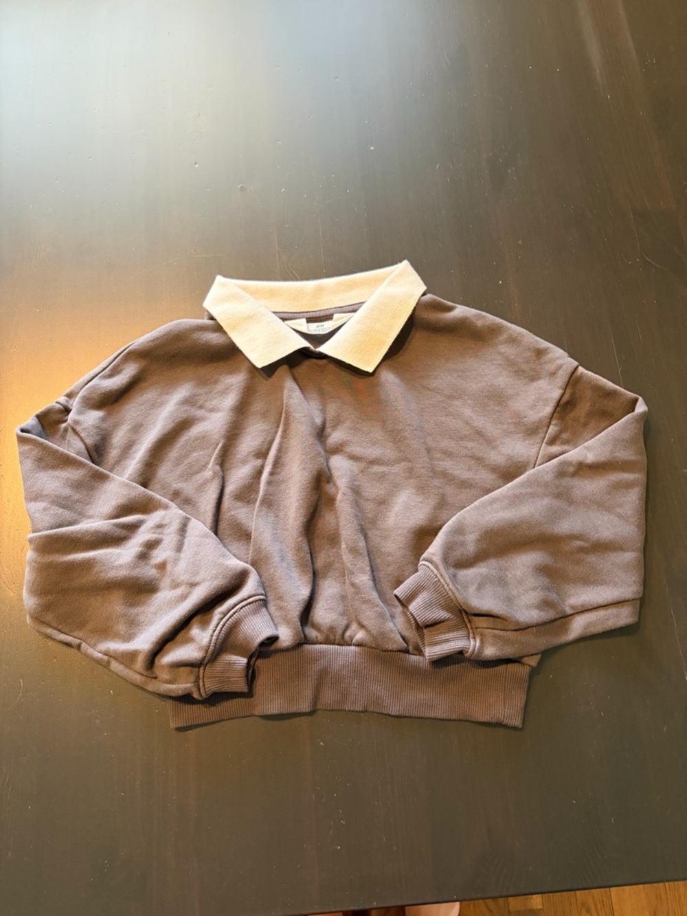 H&M Brown Cropped Polo-Collar Sweatshirt with Cream Collar